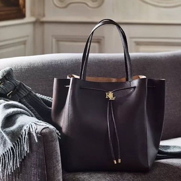 Lauren Ralph Lauren Handbags - Lauren Ralph Lauren Andie Large Leather Drawstring Tote in Black, New